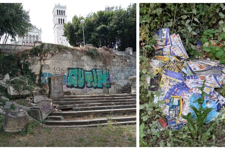 Urušene stube - nekad glavni, reprezentativan ulaz u Mornaričku crkvu (Duška PALIBRK)/ Odbačeni reklamni leci iza crkve