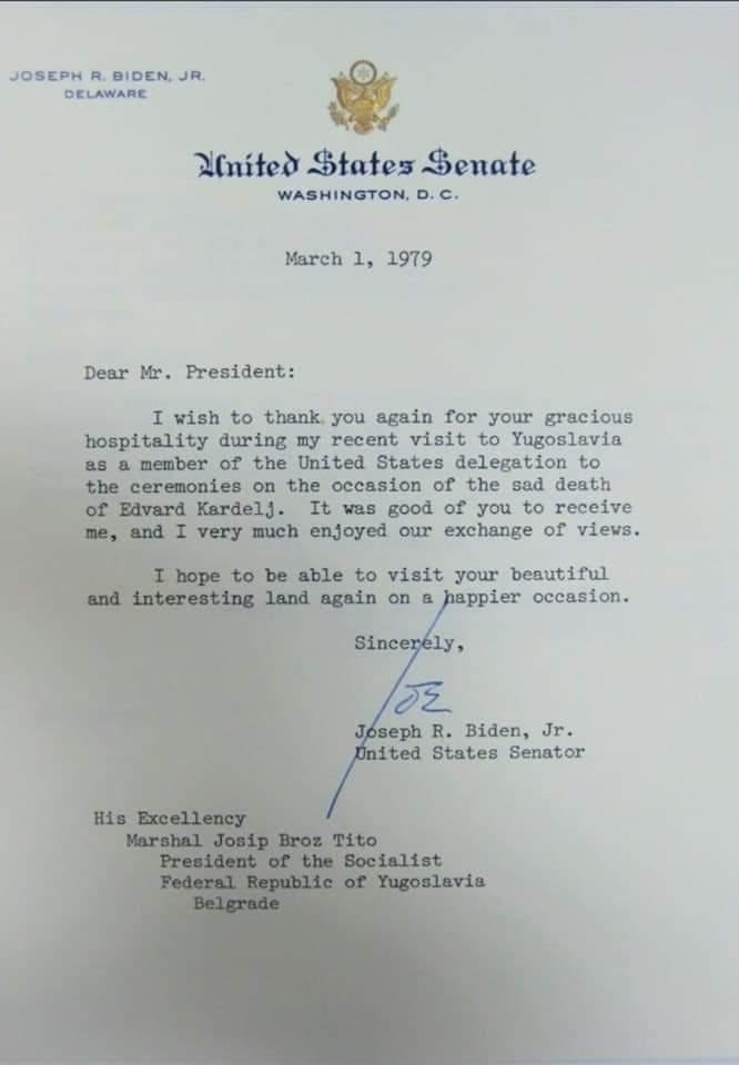 Pismo koje je Joe Biden uputio Josipu Brozu TItu