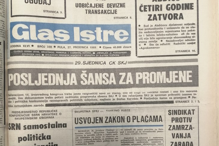 Naslovnica Glasa Istre 1989. godine