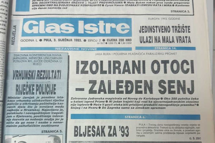 Naslovnica Glasa Istre, 3. siječnja 1993. godine