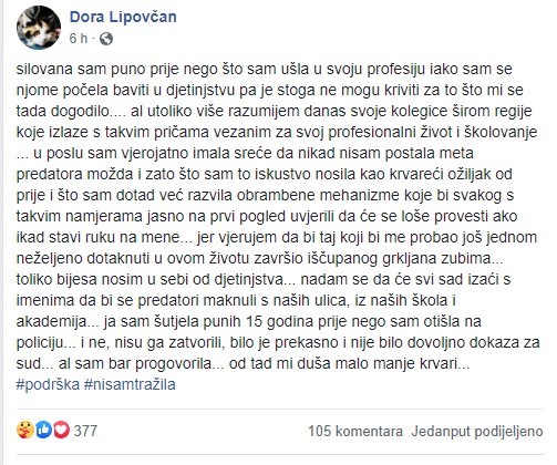 Objava Dore Lipovčan na Facebooku