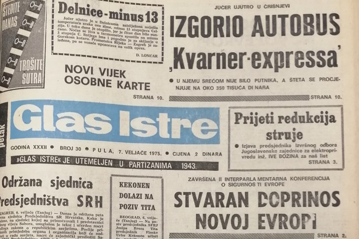 Naslovnica Glasa Istre od 7. veljače 1975. godine