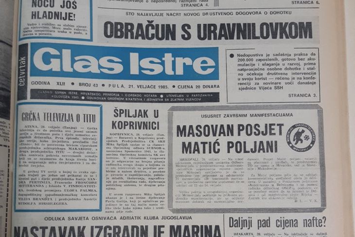 Naslovnica Glasa istre 21. veljače 1985. godine 