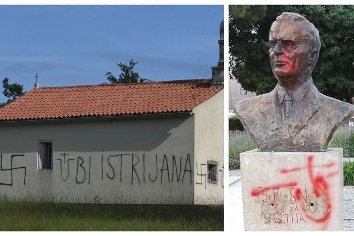 Vandali su išarali crkvu kraj Višnjana/Oskrnavljene biste u Titovom parku u Puli (Snimio Milivoj Mijošek)