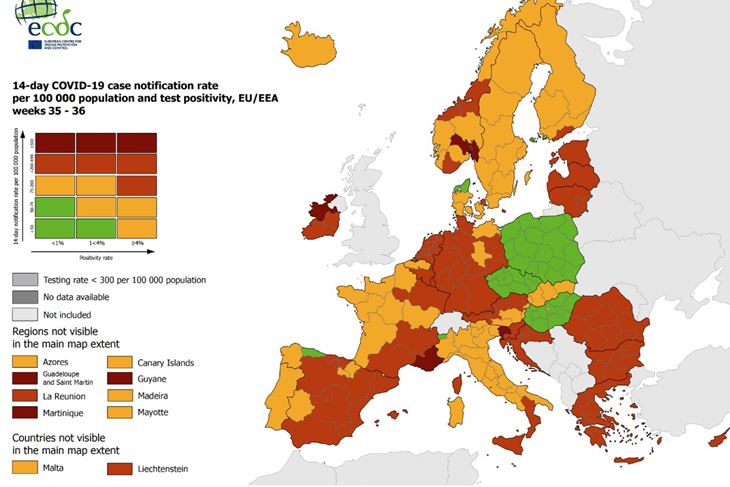 ECDC nova korona karta Europe, 16.09.2021.