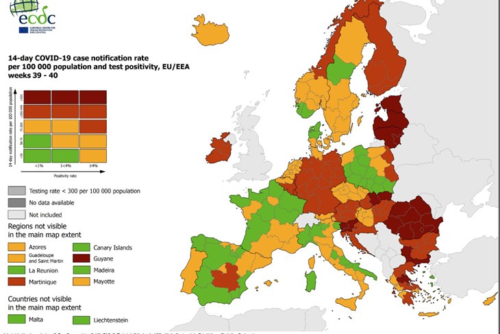 Korona karta Europe na dan 14. listopada 2021. (Foto: ECDC)