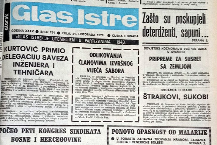 Naslovnica Glasa Istre iz 1978. godine