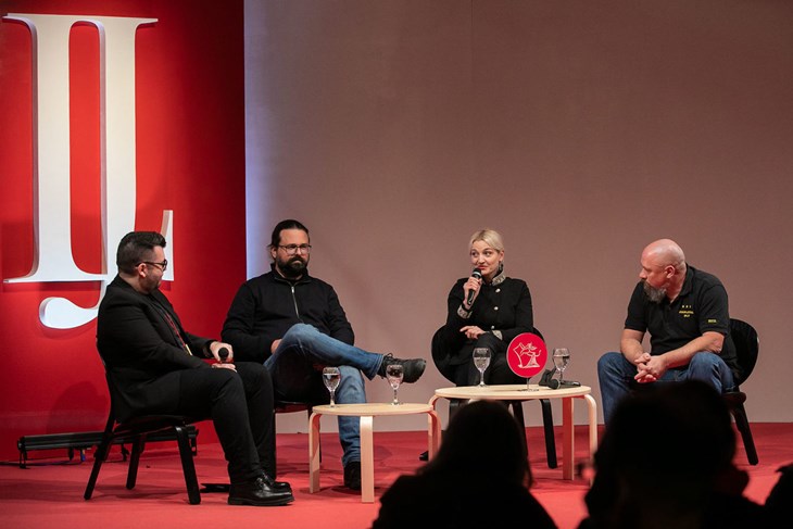 Aljoša Pužar, Andrej Nikolaidis, Paola Orlić i Boris Dežulović (Foto: Sanjam knjige u Istri/Manuel Angelini)