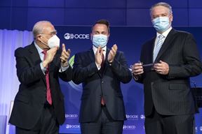 Angel Gurria, Xavier Bettel i Mathias Cormann, bivši australski ministar financija, koji je u lipnju 2021. preuzeo od Gurrie dužnost glavnog tajnika OECD-a (EPA)