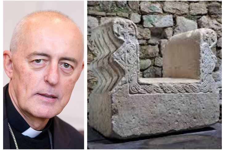 Nadbiskup Giorgio Lingua, apostolski nuncij u Hrvatskoj / Biskupska kamena katedra u Eufrazijani iz 8. stoljeća (Snimio Ivo Puniš)