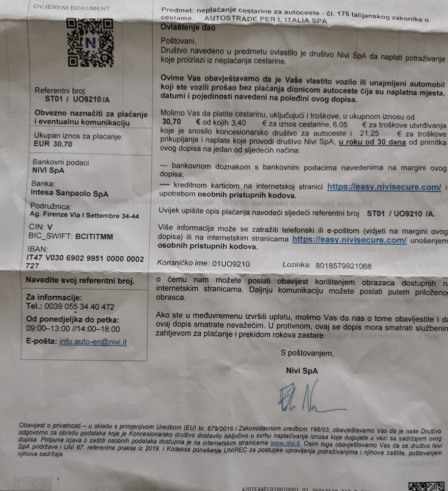 Odgovor talijanske tvrtke o neplaćenom autoputu