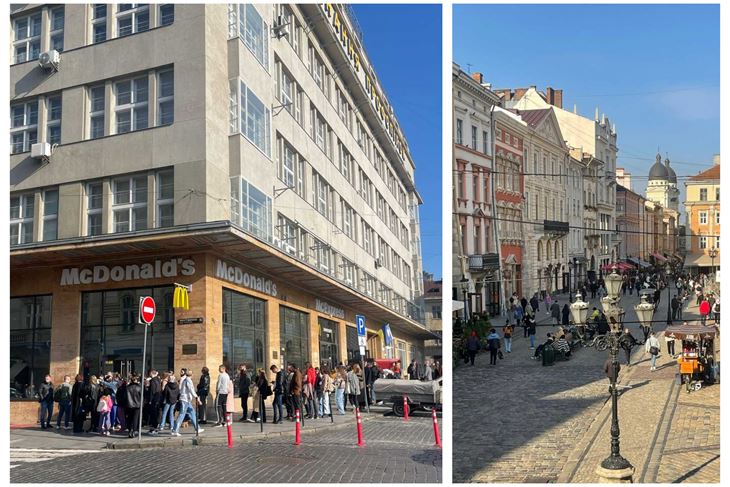 Prizor iz Lavova - redovi ispred McDonald's-a, ljudi šeću po gradu