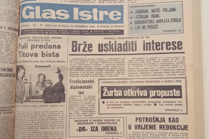 Naslovnica Glasa Istre 18. prosinca 1984.