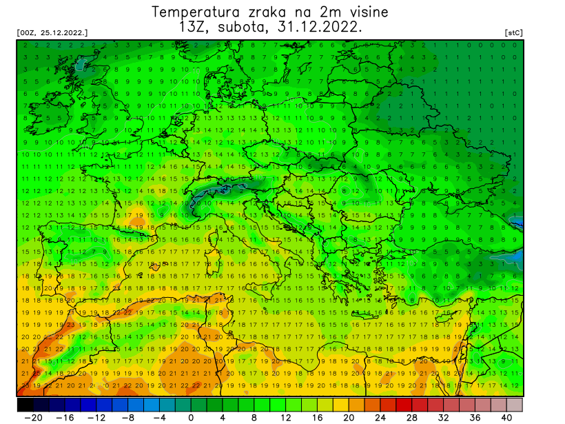Predviđene temperature na dan 31. prosinca (Istramet)