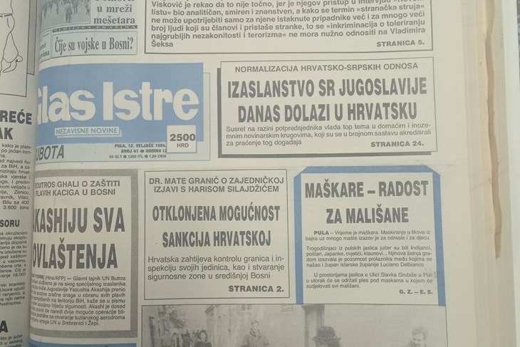 Naslovnica Glasa Istre 12. veljače 1994.
