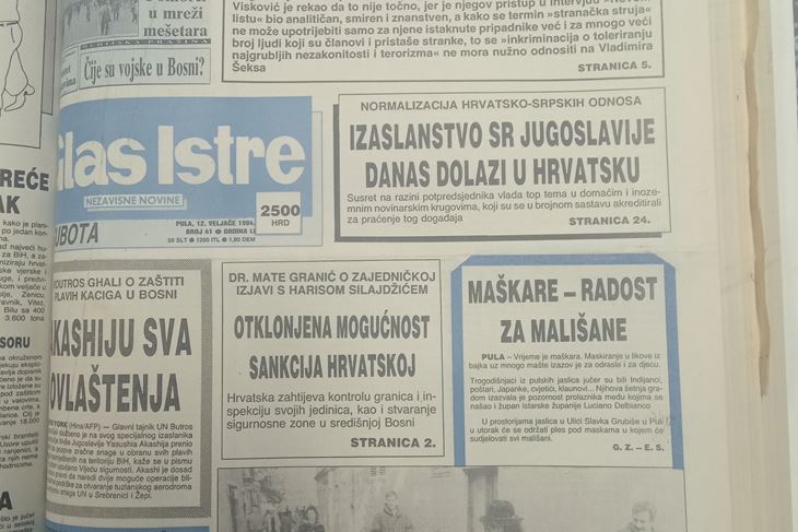 Naslovnica Glasa Istre 12. veljače 1994.