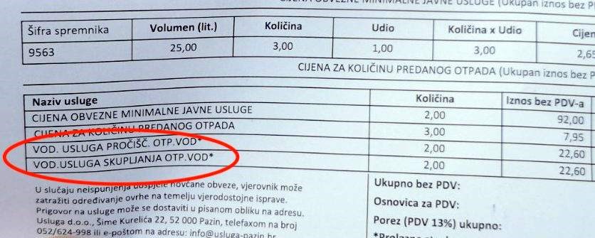 Primjer račun Usluge odvodnje - naplaćuje pročišćavanje i sakupljanje otpadnih voda