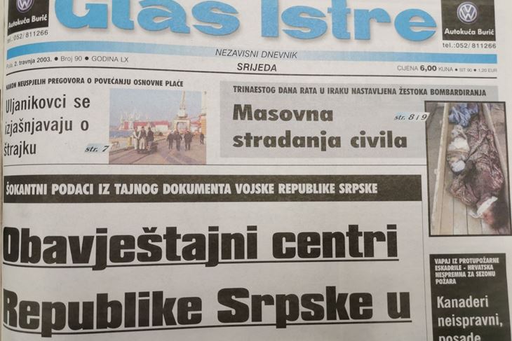 Naslovnica Glasa Istre od 2. travnja 2003. godine 