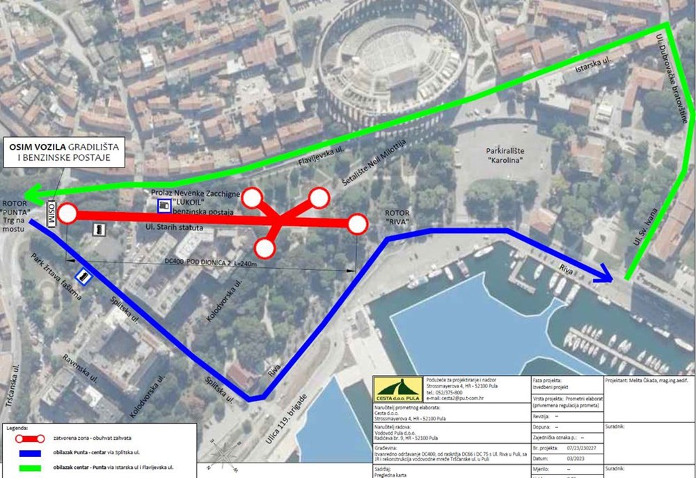 Crvenom bojom označeno je područje radova, a zelenom i plavom alternativni pravci