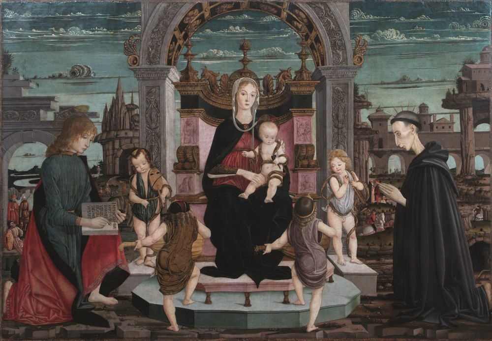 "Madonna in trono col Bambino, san Giovanni Evangelista, il beato Jacopo Filippo Bertoni e quattro angeli (pala Bertoni)", c. 1483-84 Faenza, Pinacoteca Comunale