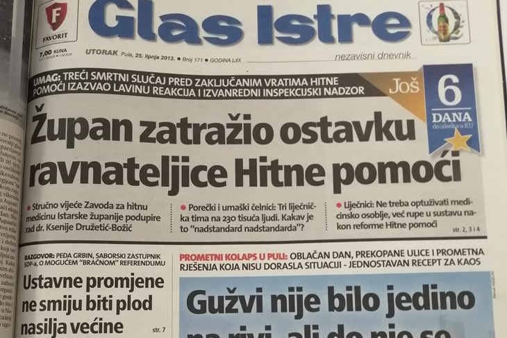 Naslovnica Glasa Istre iz 2013. godine