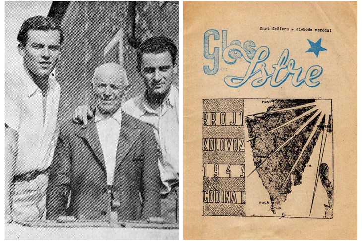 Ljubo i Ante Drndić s djedom u Karojbi / Prvi broj Glasa Istre od 18. kolovoza 1943. 