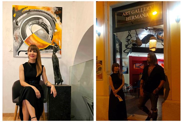 Manuela Peressa i njezin rad/Manuela Peressa i Vedran Šilipetar na otvaranju izložbe (Foto Galerija Hermana)