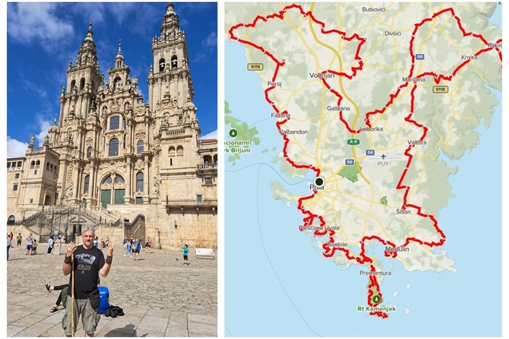 Andrej Bader ispred katedrale u u Santiago de Composteli u srpnju 2023. / Predviđena ruta Camino South Istria (Foto: Privatni arhiva Andreja Badera / TZ Pule)