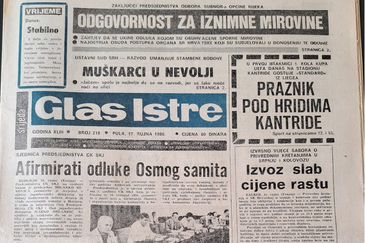 Naslovnica Glasa Istre iz 1986. godine