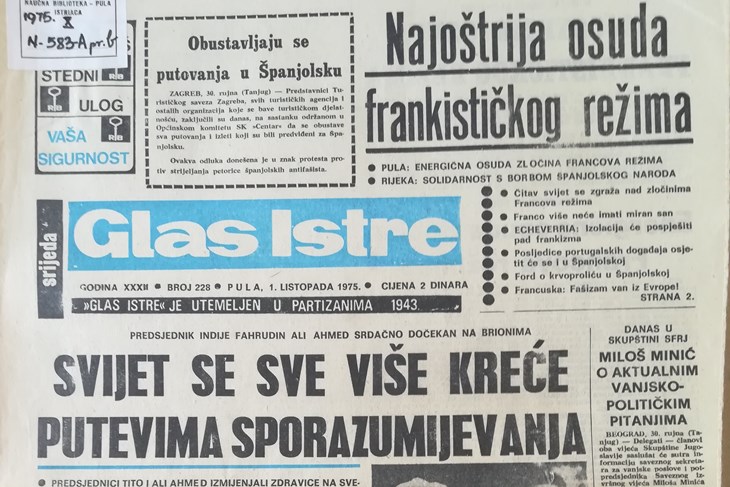 Naslovnica Glasa Istre 1. listopada 1975.