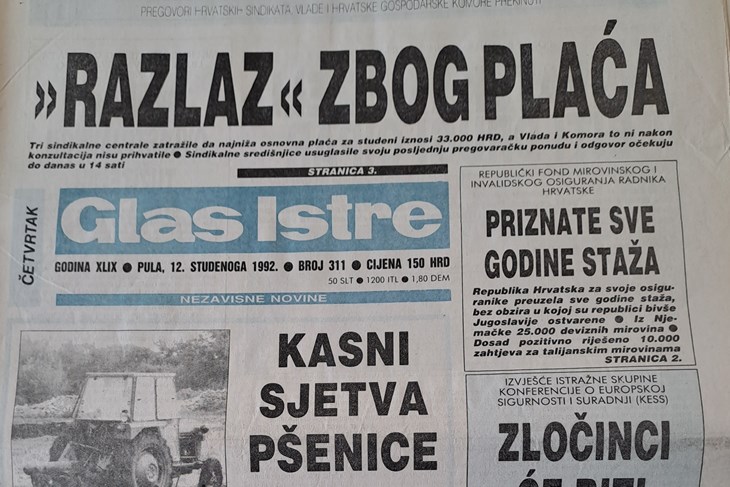 Naslovnica Glasa Istre iz 1992. godine