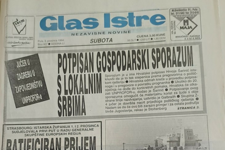 Naslovnica Glasa Istre iz 1994. godine