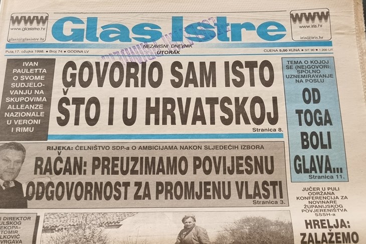 Naslovnica Glasa Istre iz 1998. godine