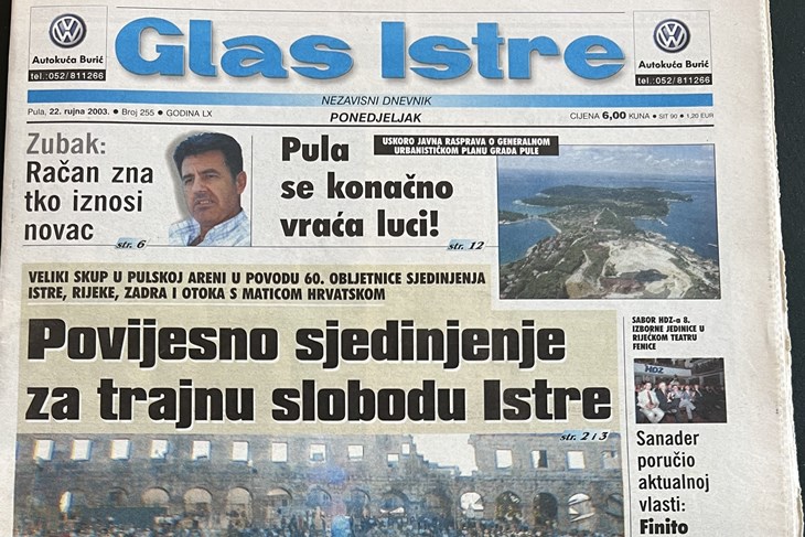 Naslovnica Glasa Istre iz 2003. godine