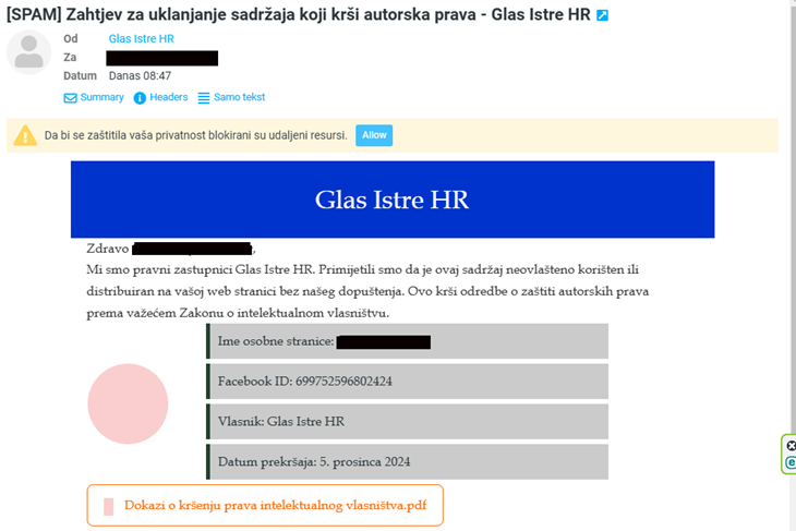 Jedan od phishing mailova u kojem je zloupotrijebljen identitet Glasa Istre