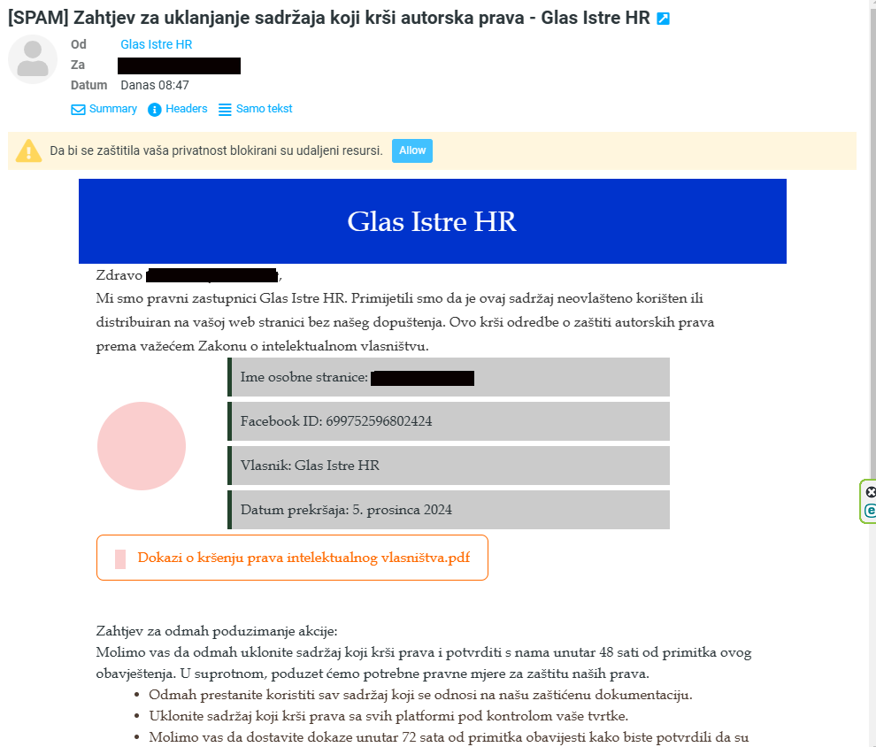 Jedan od phishing mailova u kojem je zloupotrijebljen identitet Glasa Istre