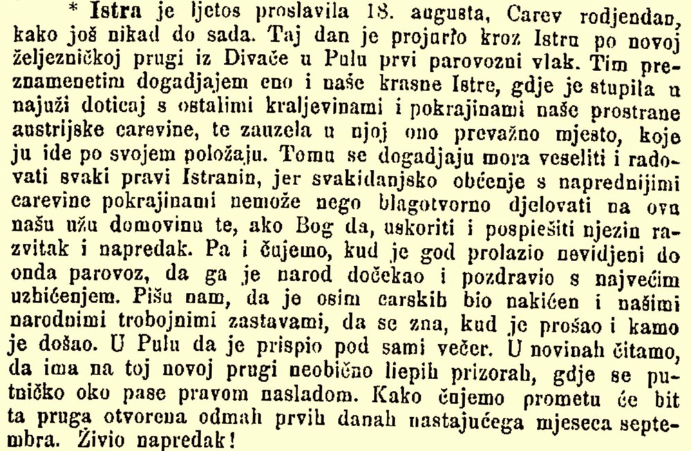 Članak o prvoj svečanoj vožnji vlaka Istrom